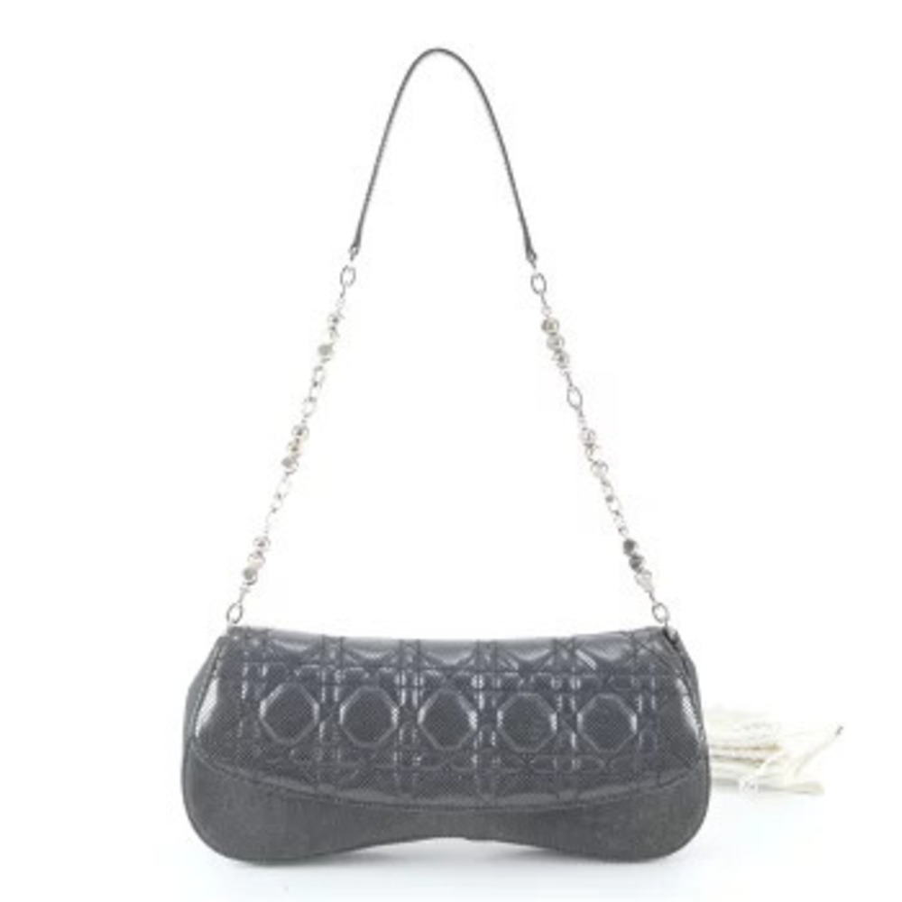 Christian Dior Cannage Denim Leather Chain Tote Wbe 2Way Shoulder Bag Gray White